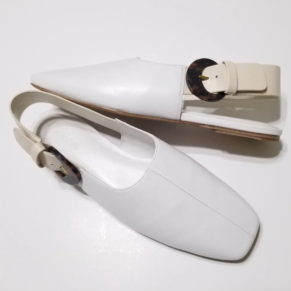 NWOB Vince Cadot White Leather Tortoise Buckle Slingback Flats $275